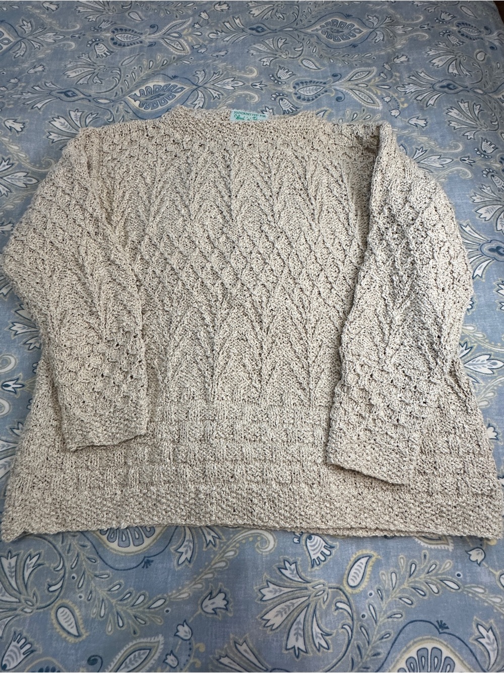 Authentic Hand-Knit Cotton Linen Sweater โ Made in Donegal, Ireland in Oatmeal.